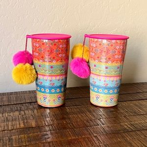 Natural Life Orange Borders Stainless Steel Pom-Pom Tumblers (set of 2) NWOT